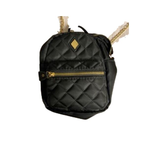 Y2K Streetwear Quilted Mini Backpack Crossbody Bag Black Gold Chain Strap Purse - Picture 4 of 5